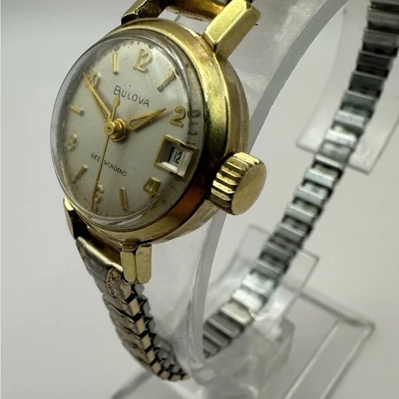 Vintage Bulova Women’s Self-Winding Watch | Two-Tone Stretch Bracelet | Date - Picture 4 of 13